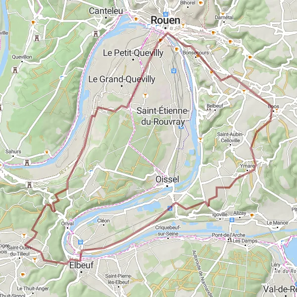 Map miniature of "The Gravel Loop: From Le Bosc-Roger-en-Roumois to Grand-Couronne" cycling inspiration in Haute-Normandie, France. Generated by Tarmacs.app cycling route planner