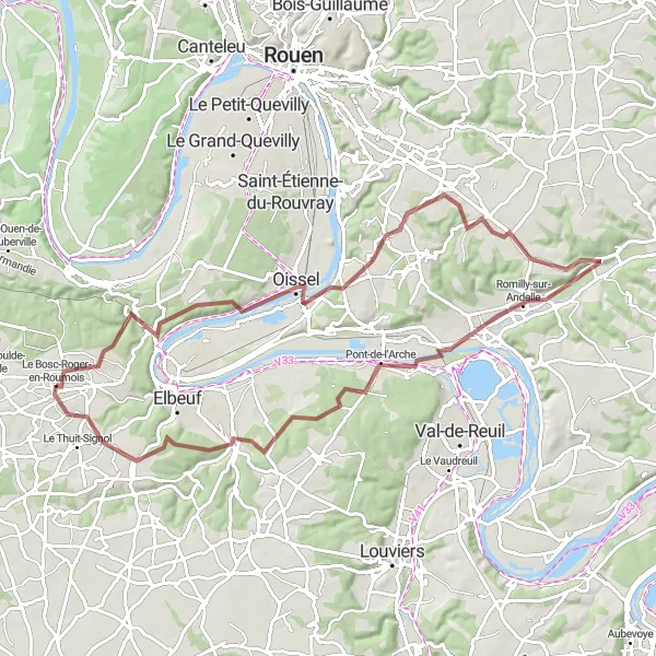 Map miniature of "Gravel Cycling Adventure near Le Bosc-Roger-en-Roumois" cycling inspiration in Haute-Normandie, France. Generated by Tarmacs.app cycling route planner