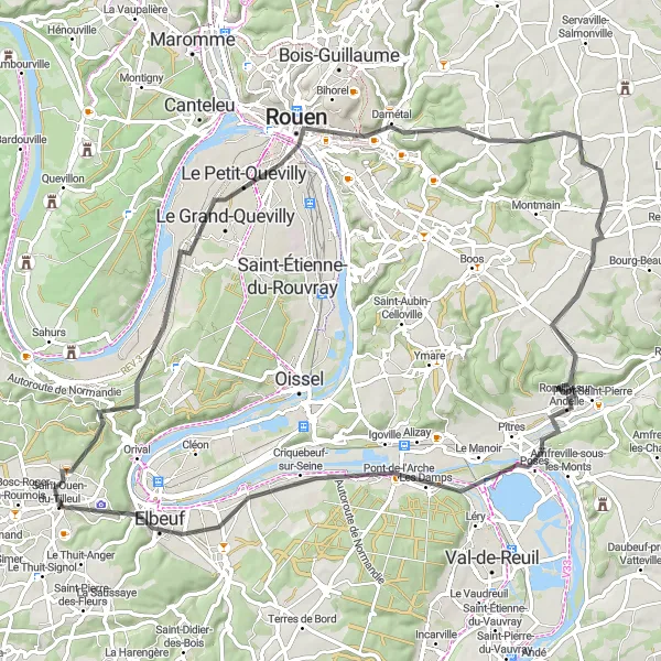 Miniature de la carte de l'inspiration cycliste "Les Collines de Rouen" dans la Haute-Normandie, France. Générée par le planificateur d'itinéraire cycliste Tarmacs.app