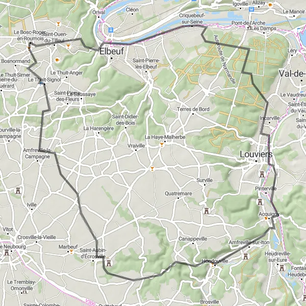 Miniature de la carte de l'inspiration cycliste "Les Boucles de l'Iton" dans la Haute-Normandie, France. Générée par le planificateur d'itinéraire cycliste Tarmacs.app