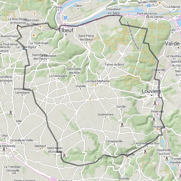 Map miniature of "Scenic Road Cycling Route near Le Bosc-Roger-en-Roumois" cycling inspiration in Haute-Normandie, France. Generated by Tarmacs.app cycling route planner