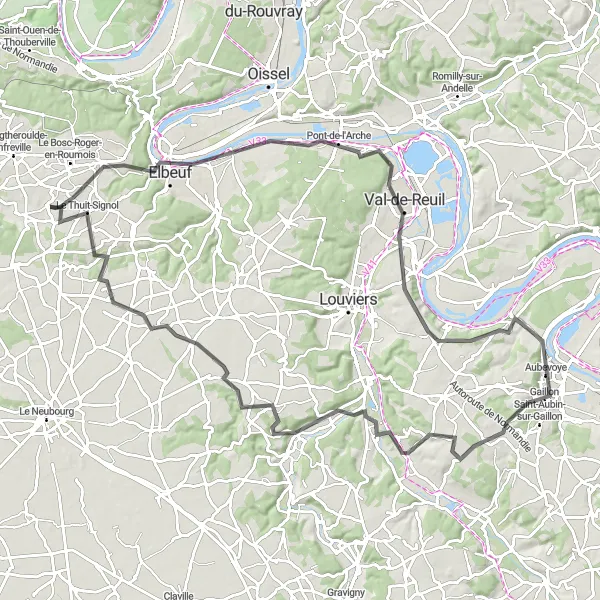 Map miniature of "Road Cycling Route with Spectacular Views near Le Bosc-Roger-en-Roumois" cycling inspiration in Haute-Normandie, France. Generated by Tarmacs.app cycling route planner