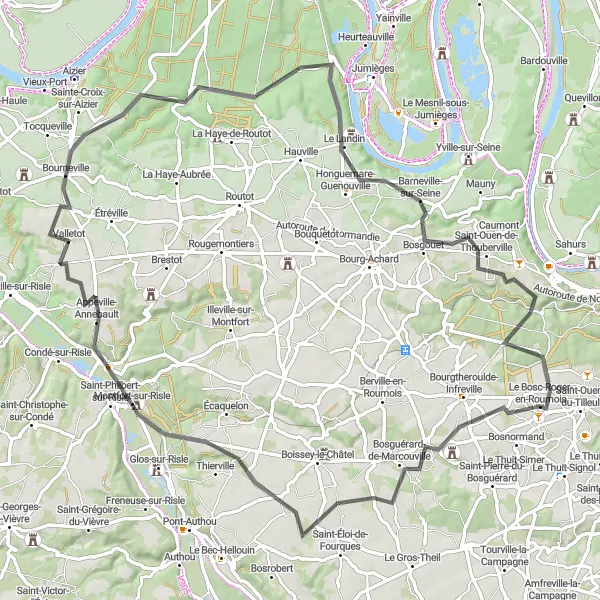 Miniature de la carte de l'inspiration cycliste "Parcours des Vallées de l'Eure" dans la Haute-Normandie, France. Générée par le planificateur d'itinéraire cycliste Tarmacs.app