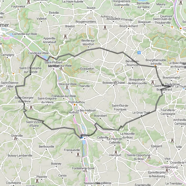 Map miniature of "Road Adventure: La Haye-du-Theil to Bourgtheroulde-Infreville" cycling inspiration in Haute-Normandie, France. Generated by Tarmacs.app cycling route planner