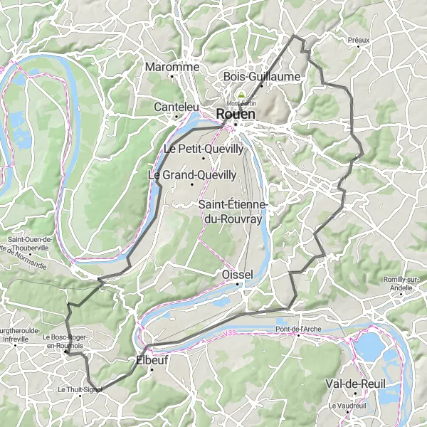 Map miniature of "Scenic Road Trip: Moulineaux to Saint-Ouen-du-Tilleul" cycling inspiration in Haute-Normandie, France. Generated by Tarmacs.app cycling route planner