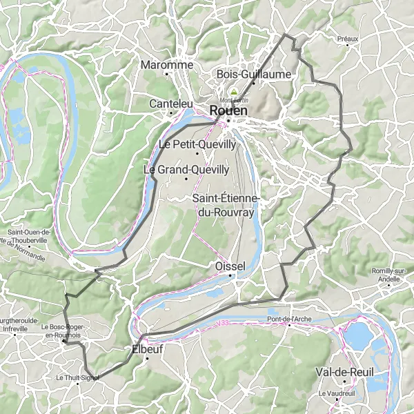 Miniature de la carte de l'inspiration cycliste "Escapade entre Moulineaux et Saint-Ouen-du-Tilleul" dans la Haute-Normandie, France. Générée par le planificateur d'itinéraire cycliste Tarmacs.app