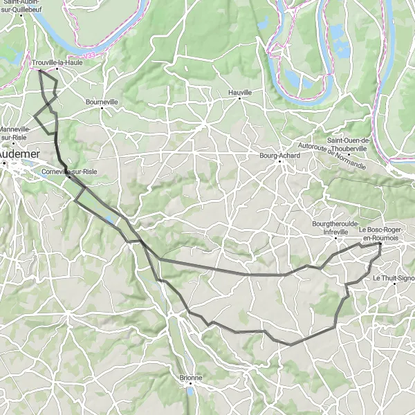 Map miniature of "The Risle Valley Ride" cycling inspiration in Haute-Normandie, France. Generated by Tarmacs.app cycling route planner