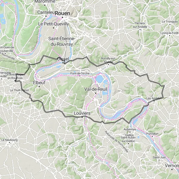 Map miniature of "The Valley and Hill Challenge" cycling inspiration in Haute-Normandie, France. Generated by Tarmacs.app cycling route planner