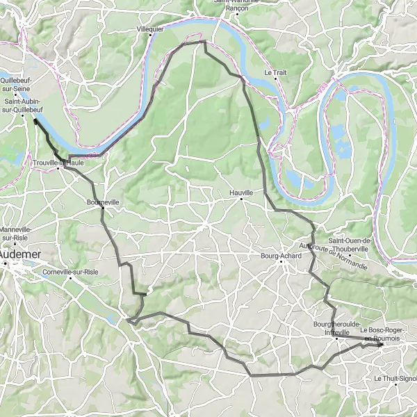 Miniature de la carte de l'inspiration cycliste "Parcours pittoresque Le Bosc-Roger-en-Roumois" dans la Haute-Normandie, France. Générée par le planificateur d'itinéraire cycliste Tarmacs.app