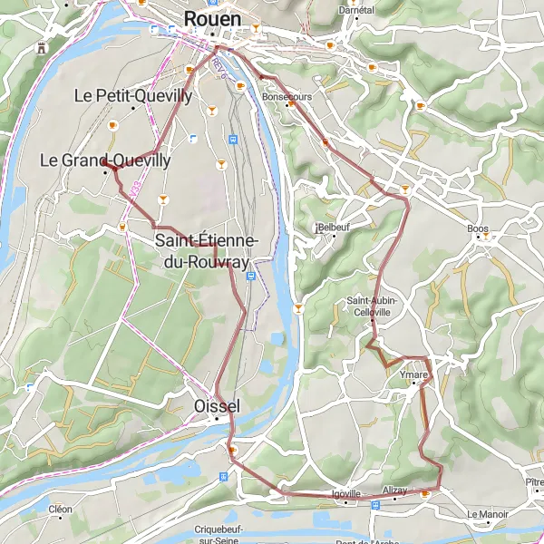 Map miniature of "The Panoramic Gravel Route" cycling inspiration in Haute-Normandie, France. Generated by Tarmacs.app cycling route planner