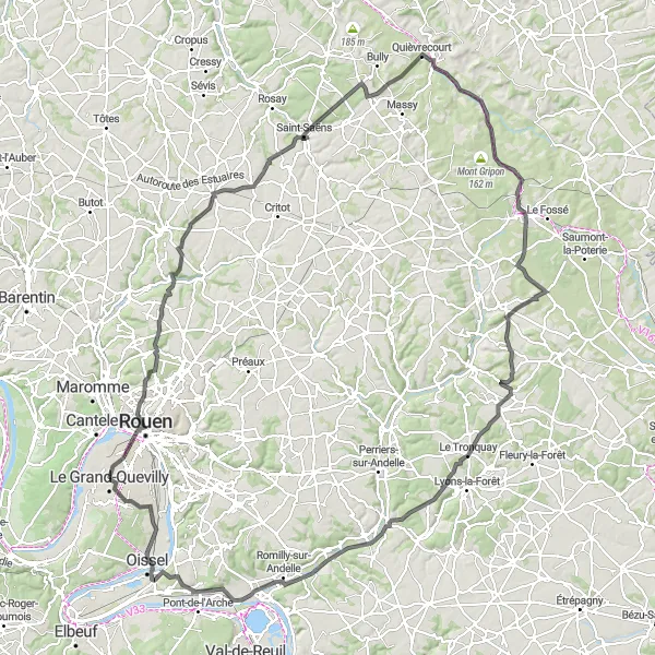 Miniature de la carte de l'inspiration cycliste "Parcours panoramique de Rouen à Neufchâtel-en-Bray" dans la Haute-Normandie, France. Générée par le planificateur d'itinéraire cycliste Tarmacs.app