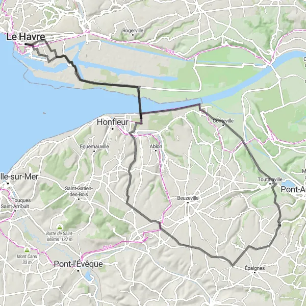 Map miniature of "Valley Exploration" cycling inspiration in Haute-Normandie, France. Generated by Tarmacs.app cycling route planner