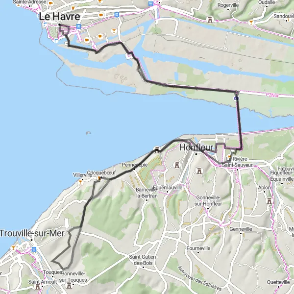 Map miniature of "Coastal and Historic Charms" cycling inspiration in Haute-Normandie, France. Generated by Tarmacs.app cycling route planner