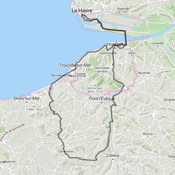 Map miniature of "Le Havre to Villers-sur-Mer" cycling inspiration in Haute-Normandie, France. Generated by Tarmacs.app cycling route planner