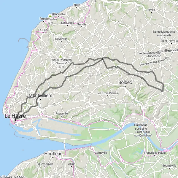 Map miniature of "Fontaine-la-Mallet Escape" cycling inspiration in Haute-Normandie, France. Generated by Tarmacs.app cycling route planner