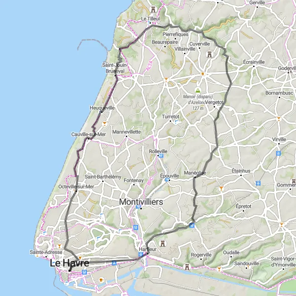 Map miniature of "Cauville-sur-Mer Loop" cycling inspiration in Haute-Normandie, France. Generated by Tarmacs.app cycling route planner