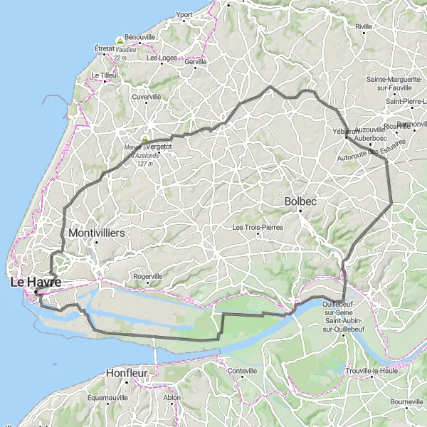 Map miniature of "Explore Rural Normandy" cycling inspiration in Haute-Normandie, France. Generated by Tarmacs.app cycling route planner