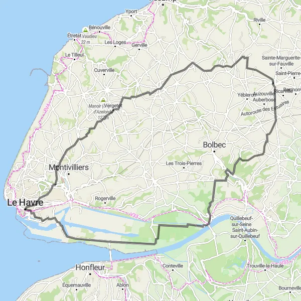 Miniature de la carte de l'inspiration cycliste "La Route des Vallées" dans la Haute-Normandie, France. Générée par le planificateur d'itinéraire cycliste Tarmacs.app