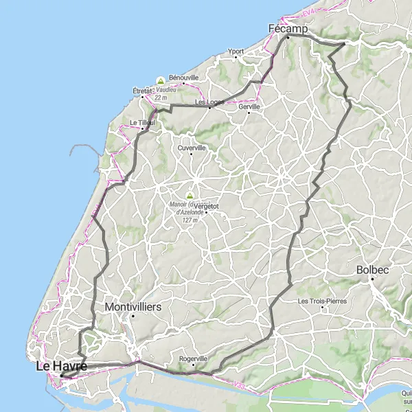 Miniature de la carte de l'inspiration cycliste "Route du Château de Fécamp" dans la Haute-Normandie, France. Générée par le planificateur d'itinéraire cycliste Tarmacs.app