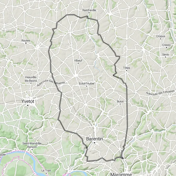 Miniature de la carte de l'inspiration cycliste "Le Tour de Calleville-les-Deux-Églises" dans la Haute-Normandie, France. Générée par le planificateur d'itinéraire cycliste Tarmacs.app
