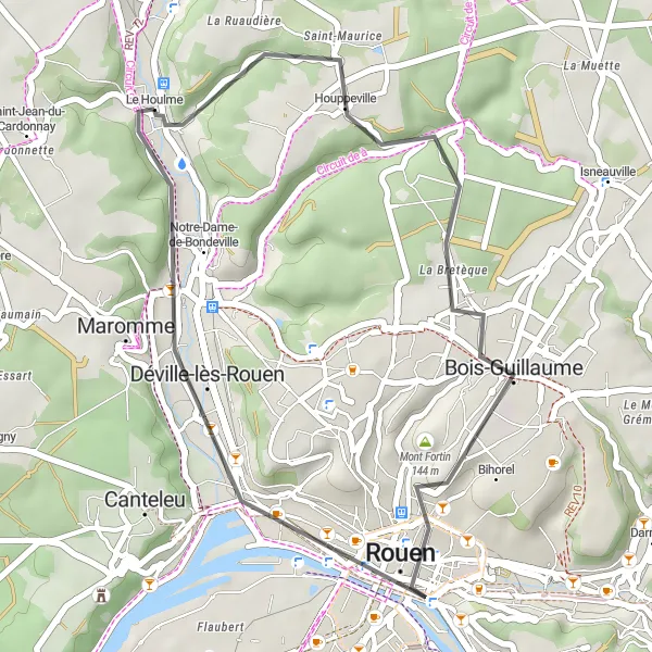 Map miniature of "Le Houlme to Notre-Dame-de-Bondeville" cycling inspiration in Haute-Normandie, France. Generated by Tarmacs.app cycling route planner