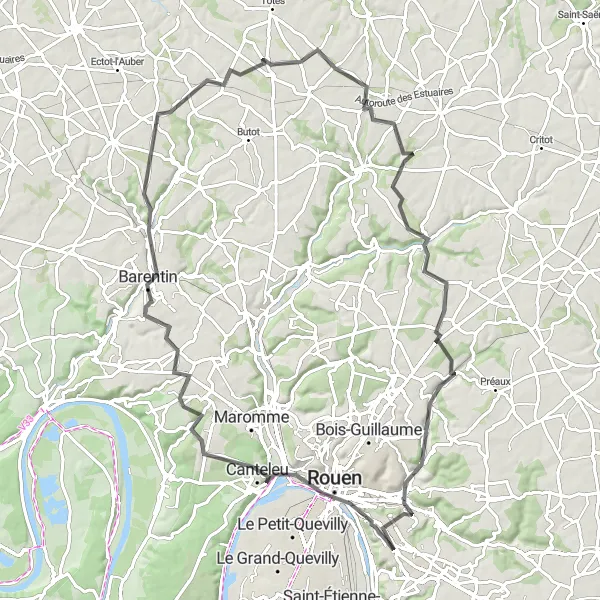 Miniature de la carte de l'inspiration cycliste "Circuit panoramique autour de Rouen" dans la Haute-Normandie, France. Générée par le planificateur d'itinéraire cycliste Tarmacs.app