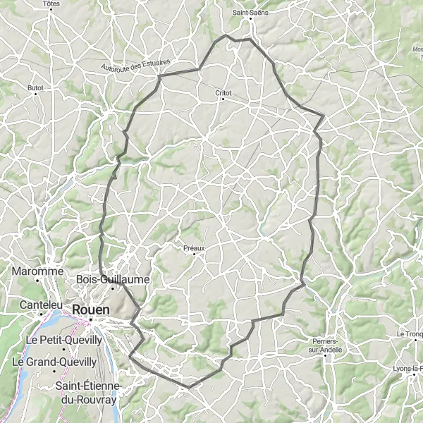 Map miniature of "Châteaux and Valleys" cycling inspiration in Haute-Normandie, France. Generated by Tarmacs.app cycling route planner