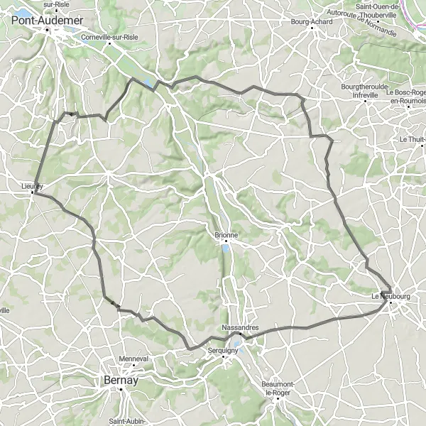 Map miniature of "The Risle Valley Circuit" cycling inspiration in Haute-Normandie, France. Generated by Tarmacs.app cycling route planner