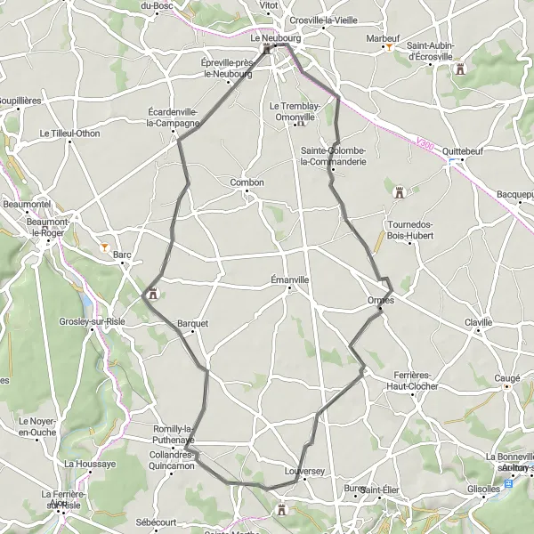 Map miniature of "Exploring Le Neubourg" cycling inspiration in Haute-Normandie, France. Generated by Tarmacs.app cycling route planner