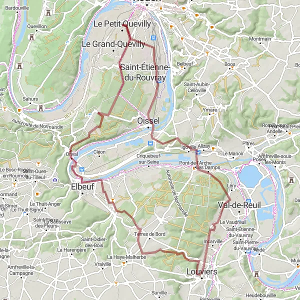 Map miniature of "The Scenic Gravel Tour to Louviers and Saint-Pierre-lès-Elbeuf" cycling inspiration in Haute-Normandie, France. Generated by Tarmacs.app cycling route planner