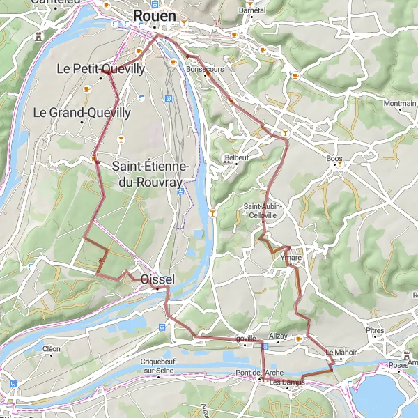 Miniature de la carte de l'inspiration cycliste "Gravel autour de Rouen" dans la Haute-Normandie, France. Générée par le planificateur d'itinéraire cycliste Tarmacs.app