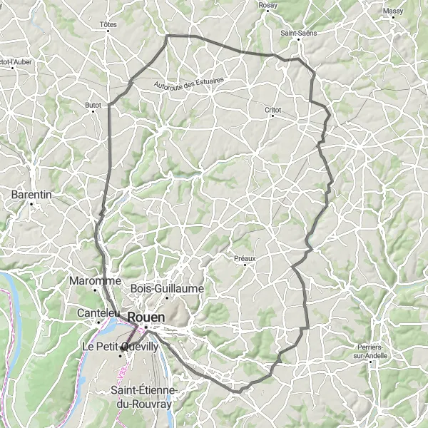 Map miniature of "The Road Adventure to Notre-Dame-de-Bondeville and Franqueville-Saint-Pierre" cycling inspiration in Haute-Normandie, France. Generated by Tarmacs.app cycling route planner