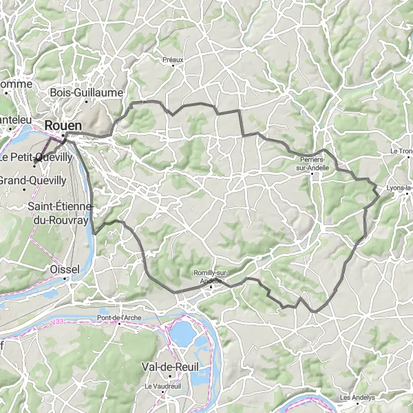 Miniature de la carte de l'inspiration cycliste "Tour de Rouen et ses environs" dans la Haute-Normandie, France. Générée par le planificateur d'itinéraire cycliste Tarmacs.app