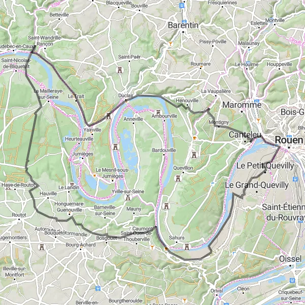 Map miniature of "The Grand-Quevilly to Flaubert Road Loop" cycling inspiration in Haute-Normandie, France. Generated by Tarmacs.app cycling route planner