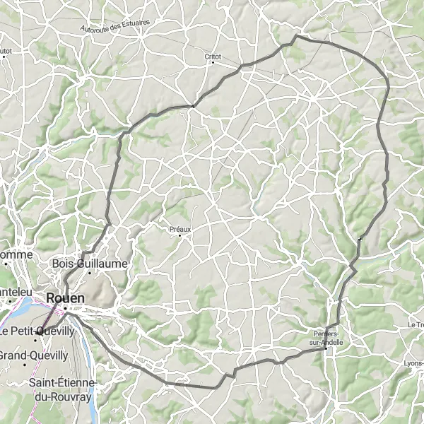 Map miniature of "Road Route near Le Petit-Quevilly" cycling inspiration in Haute-Normandie, France. Generated by Tarmacs.app cycling route planner