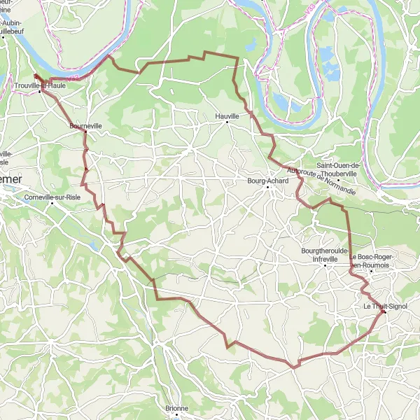 Miniature de la carte de l'inspiration cycliste "Parcours gravel vers Bourneville et Le Landin (97 km)" dans la Haute-Normandie, France. Générée par le planificateur d'itinéraire cycliste Tarmacs.app