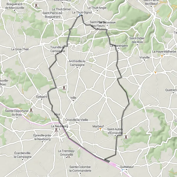Miniature de la carte de l'inspiration cycliste "Boucle autour de Le Thuit-Signol" dans la Haute-Normandie, France. Générée par le planificateur d'itinéraire cycliste Tarmacs.app