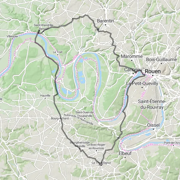 Miniature de la carte de l'inspiration cycliste "Défi sportif à travers les vallées normandes" dans la Haute-Normandie, France. Générée par le planificateur d'itinéraire cycliste Tarmacs.app