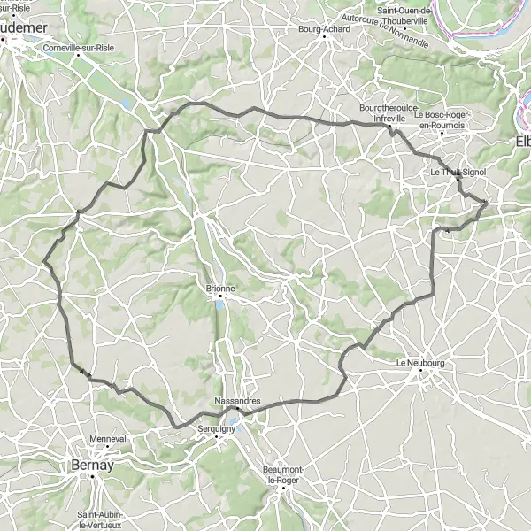 Miniature de la carte de l'inspiration cycliste "Aventure cycliste à travers la vallée de la Risle" dans la Haute-Normandie, France. Générée par le planificateur d'itinéraire cycliste Tarmacs.app