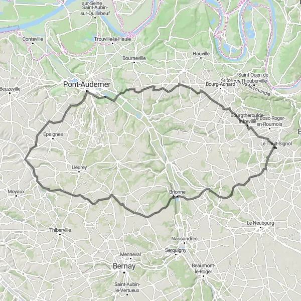 Miniature de la carte de l'inspiration cycliste "Aventure jusqu'à Bosc-Bénard-Commin (115 km)" dans la Haute-Normandie, France. Générée par le planificateur d'itinéraire cycliste Tarmacs.app