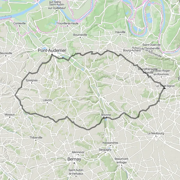 Map miniature of "Challenging Road Loop around Le Thuit-Signol" cycling inspiration in Haute-Normandie, France. Generated by Tarmacs.app cycling route planner