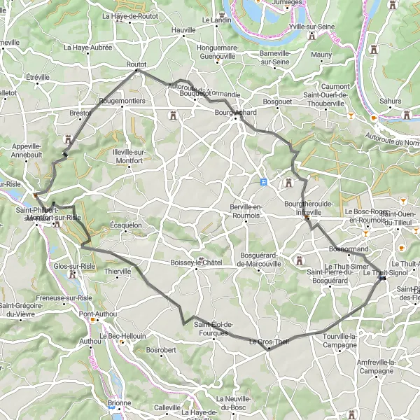 Miniature de la carte de l'inspiration cycliste "Escapade pittoresque autour de Le Thuit-Signol" dans la Haute-Normandie, France. Générée par le planificateur d'itinéraire cycliste Tarmacs.app