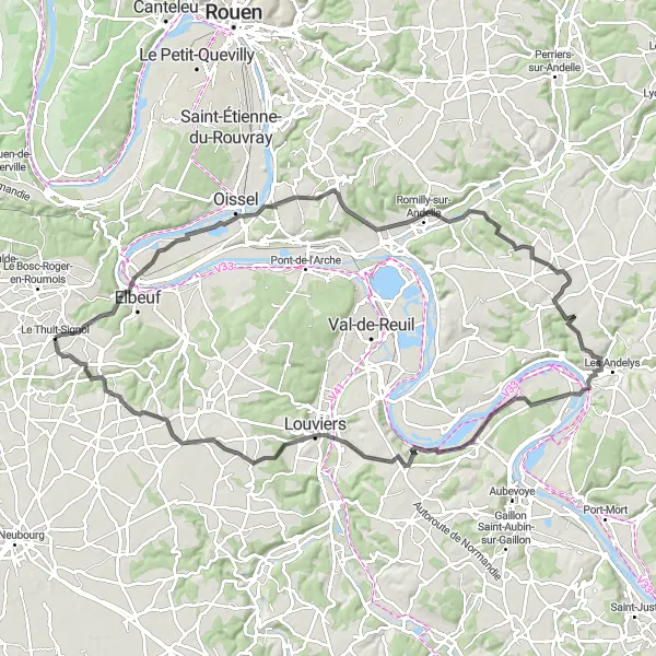 Miniature de la carte de l'inspiration cycliste "Tour vers Heudebouville et La Harengère (96 km)" dans la Haute-Normandie, France. Générée par le planificateur d'itinéraire cycliste Tarmacs.app