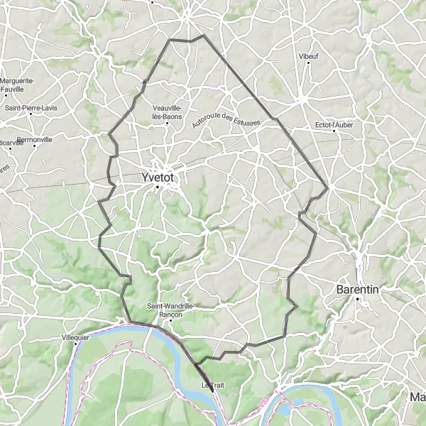 Miniature de la carte de l'inspiration cycliste "Parcours de 75 km à vélo de route en Haute-Normandie" dans la Haute-Normandie, France. Générée par le planificateur d'itinéraire cycliste Tarmacs.app