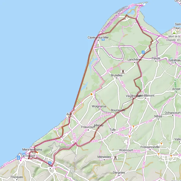 Miniature de la carte de l'inspiration cycliste "Les Falaises de la Côte Picarde" dans la Haute-Normandie, France. Générée par le planificateur d'itinéraire cycliste Tarmacs.app