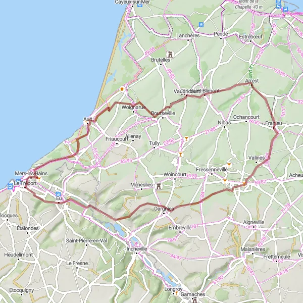 Map miniature of "Scenic Gravel Pathways" cycling inspiration in Haute-Normandie, France. Generated by Tarmacs.app cycling route planner