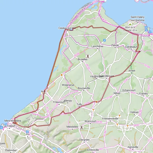 Miniature de la carte de l'inspiration cycliste "Escapade entre Mer et Campagne" dans la Haute-Normandie, France. Générée par le planificateur d'itinéraire cycliste Tarmacs.app
