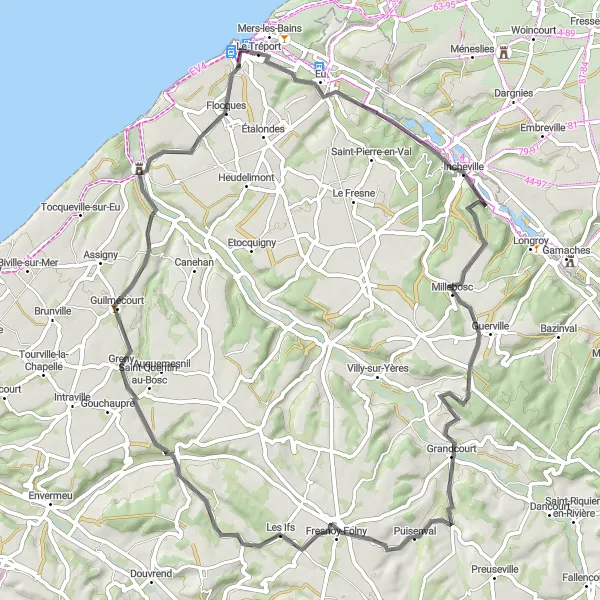 Miniature de la carte de l'inspiration cycliste "Les Vallées de l'Arques et de la Vimeuse" dans la Haute-Normandie, France. Générée par le planificateur d'itinéraire cycliste Tarmacs.app