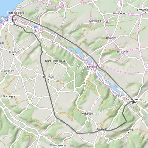 Miniature de la carte de l'inspiration cycliste "Les Vallons de l'Épine" dans la Haute-Normandie, France. Générée par le planificateur d'itinéraire cycliste Tarmacs.app
