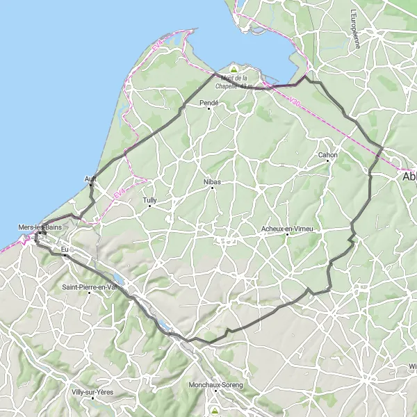 Map miniature of "Le Tréport Loop" cycling inspiration in Haute-Normandie, France. Generated by Tarmacs.app cycling route planner